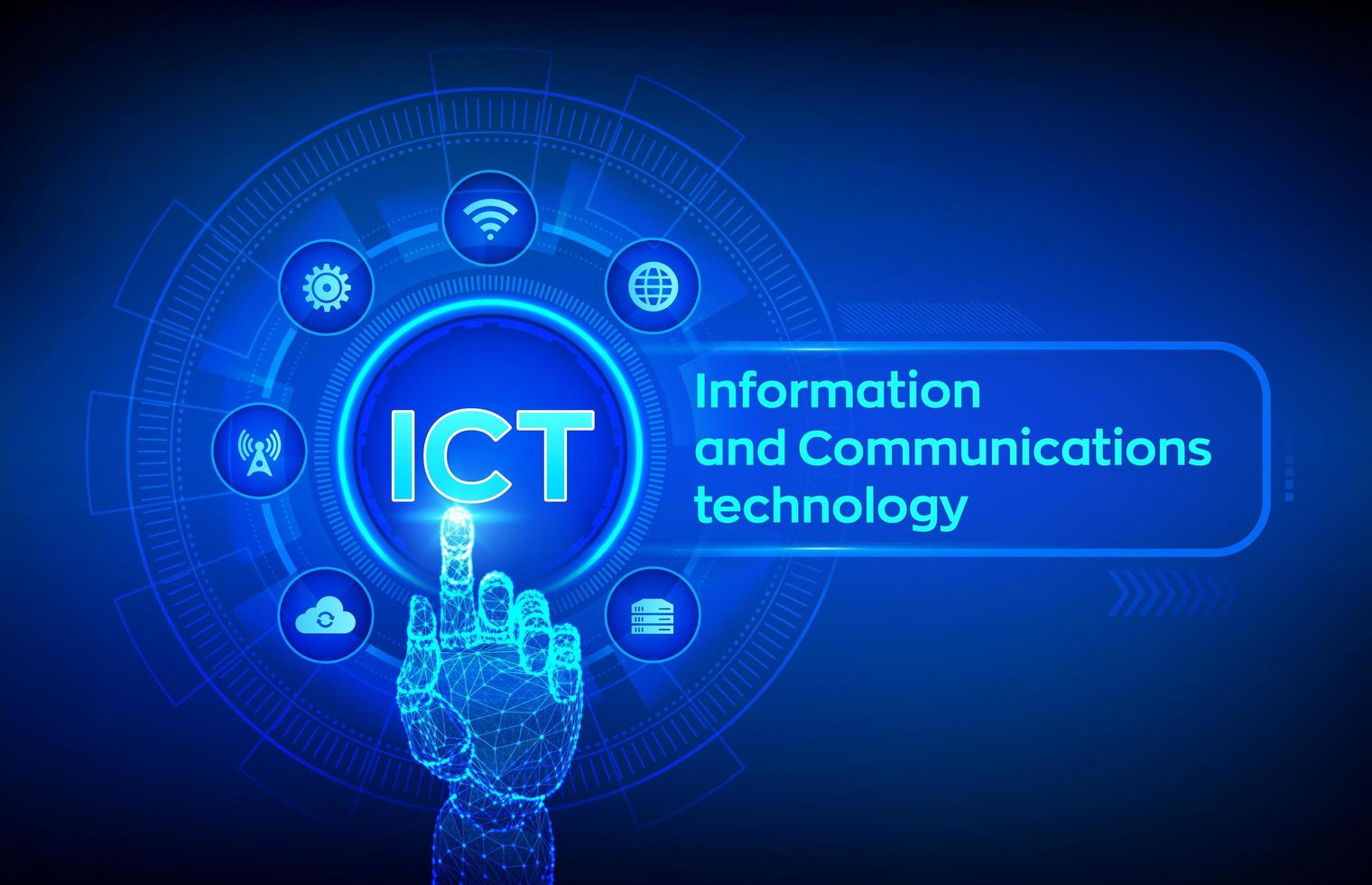 ict-information-and-communication-technology-concept-on-virtual-screen-wireless-communication-network-intelligent-system-automation-robotic-hand-touching-digital-interface-vector